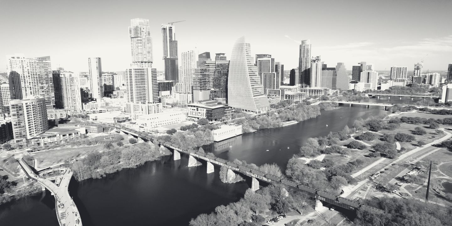 Aerial view of downtown Austin and Lady Bird Lake.